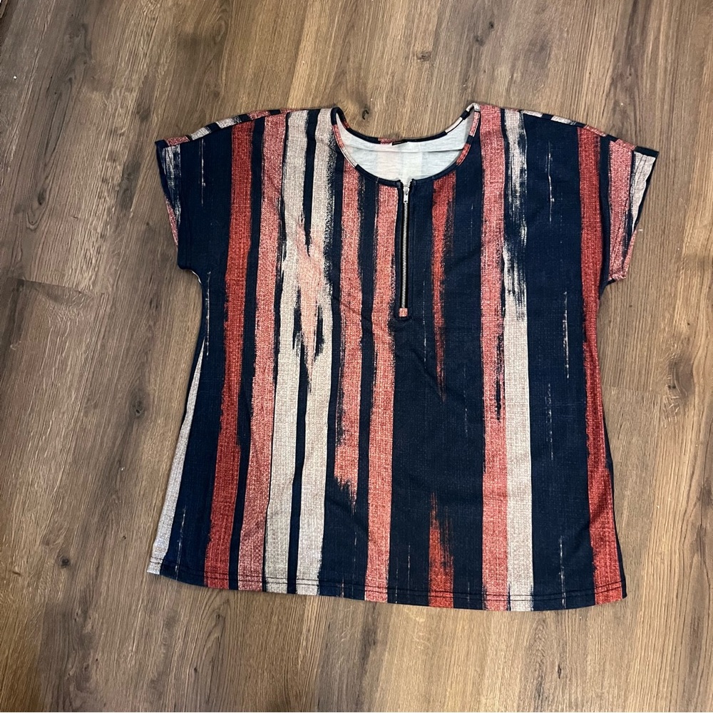 Women's Striped Short Sleeve Tee with Front Zip - Navy, Red & Cream